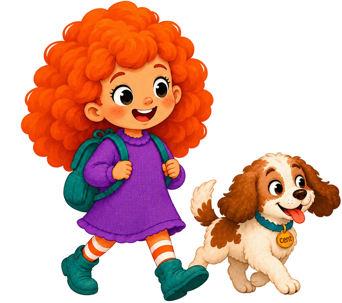 Olla, a girl with bright orange curly hair, walking with her puppy Cent