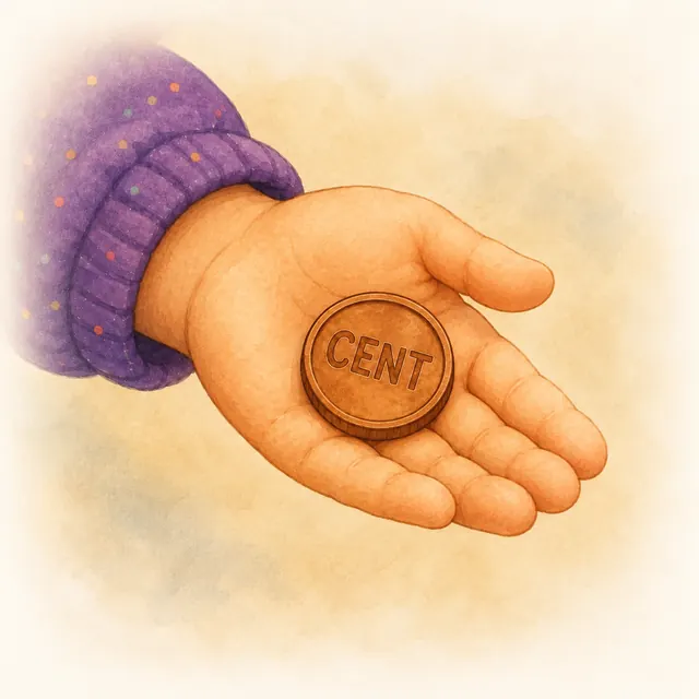A child’s hand holding a CENT coin