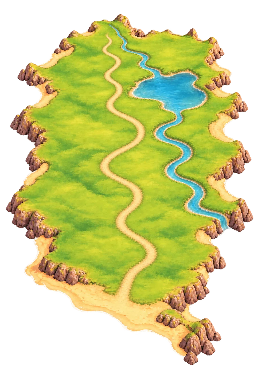 An illustrated island with snowy mountains, forests, a river, a lake and a waterfall
